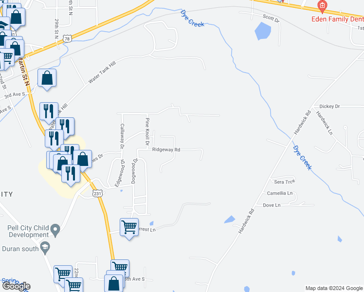 map of restaurants, bars, coffee shops, grocery stores, and more near 2815 Ridgeway Road in Pell City