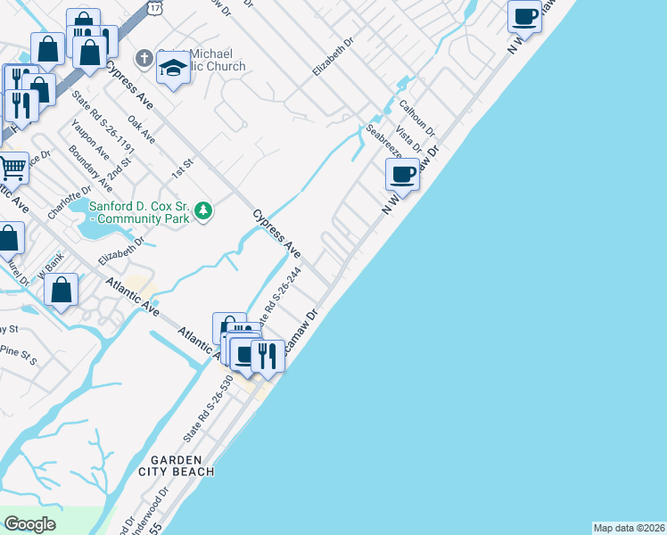 map of restaurants, bars, coffee shops, grocery stores, and more near 101 Easy Street in Murrells Inlet