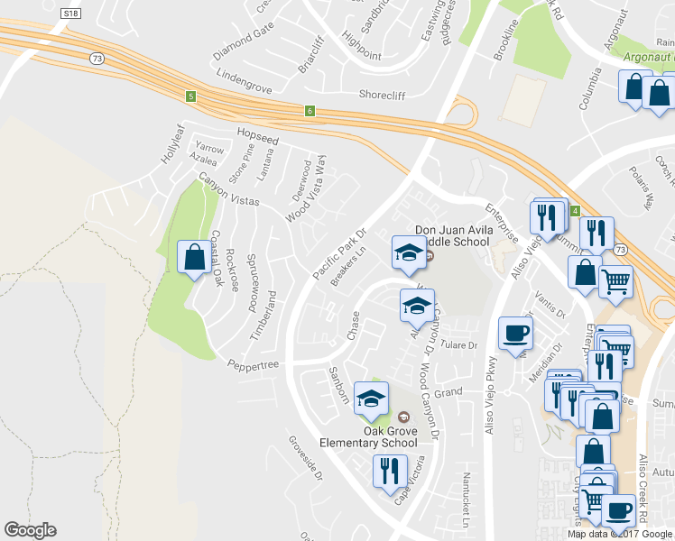 map of restaurants, bars, coffee shops, grocery stores, and more near 55 Breakers Lane in Aliso Viejo