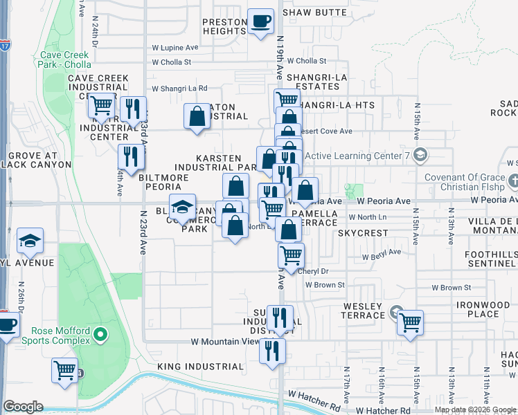map of restaurants, bars, coffee shops, grocery stores, and more near 1927 West Peoria Avenue in Phoenix