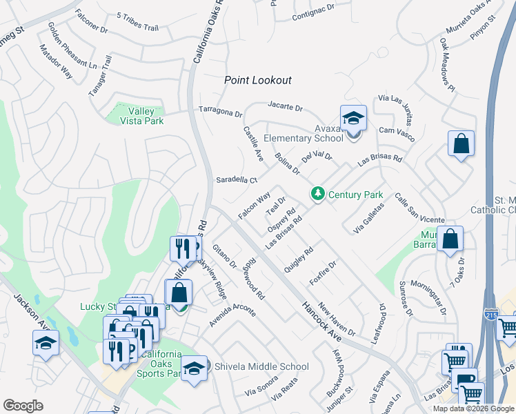 map of restaurants, bars, coffee shops, grocery stores, and more near 39908 Falcon Way in Murrieta