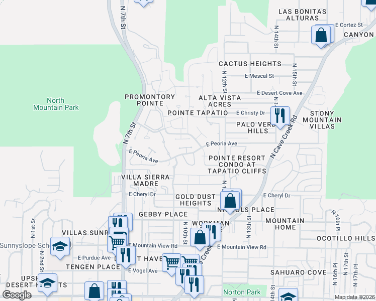 map of restaurants, bars, coffee shops, grocery stores, and more near 1022 East Becker Lane in Phoenix