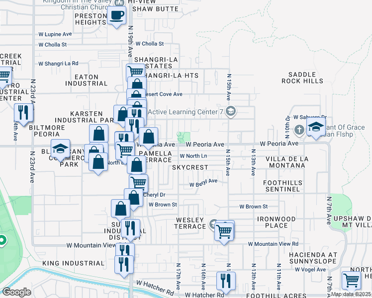 map of restaurants, bars, coffee shops, grocery stores, and more near 1625 West Peoria Avenue in Phoenix