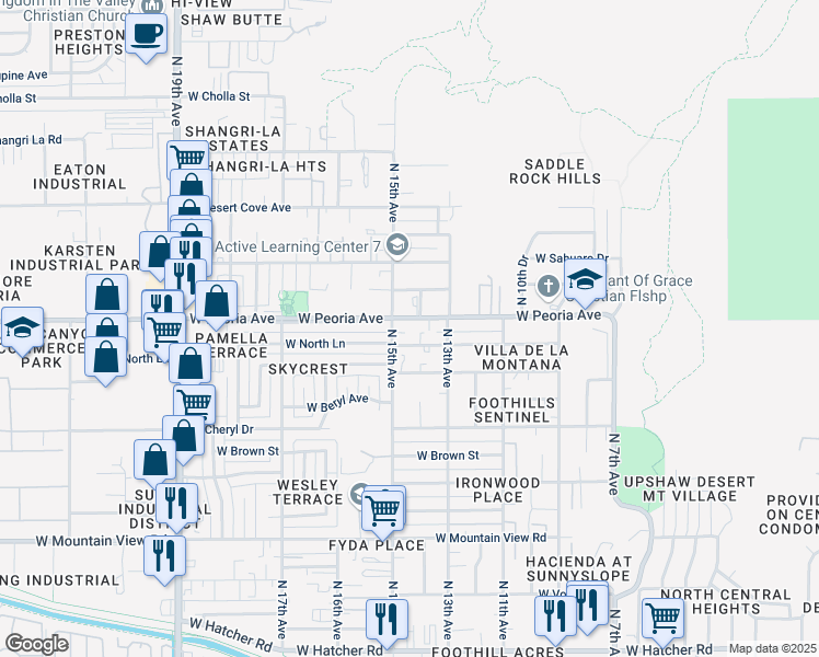 map of restaurants, bars, coffee shops, grocery stores, and more near 1421 West Peoria Avenue in Phoenix