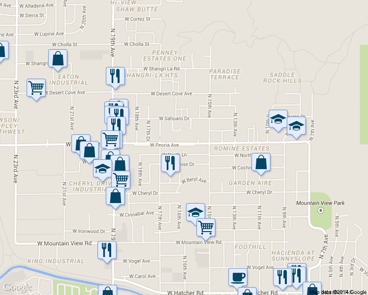 map of restaurants, bars, coffee shops, grocery stores, and more near 1555 West Peoria Avenue in Phoenix