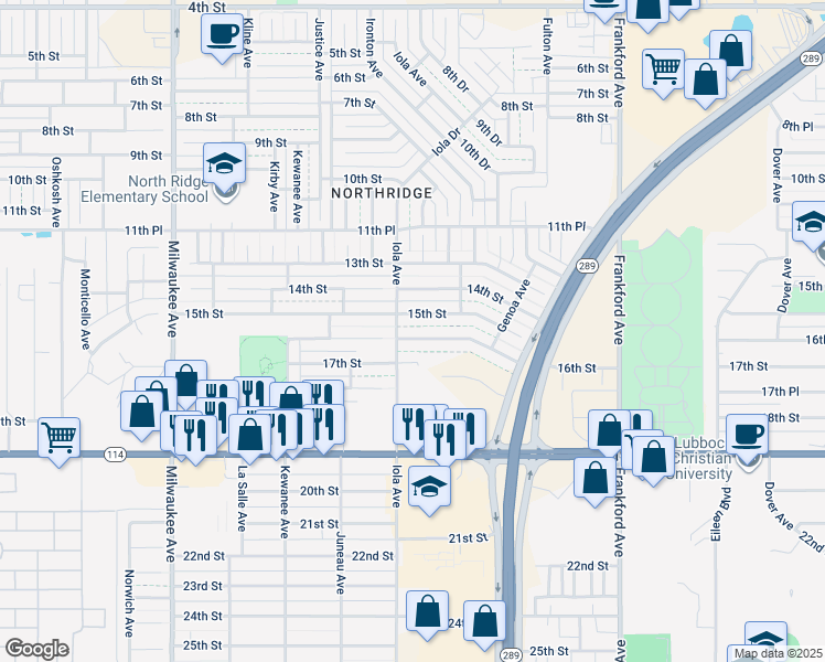 map of restaurants, bars, coffee shops, grocery stores, and more near 5932 16th Street in Lubbock