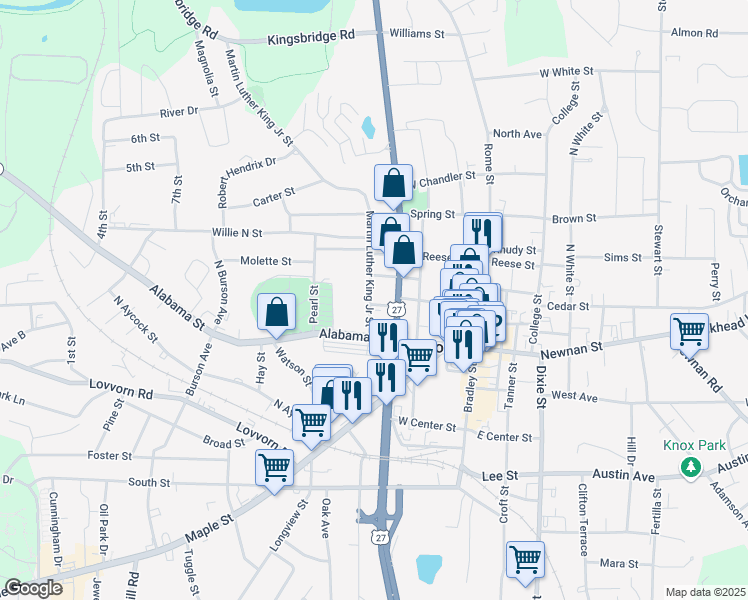 map of restaurants, bars, coffee shops, grocery stores, and more near 201 King Street in Carrollton