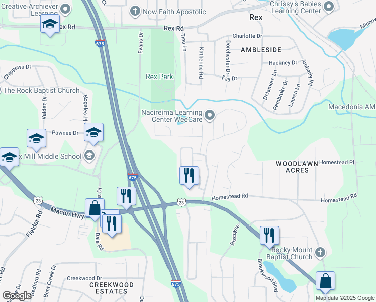 map of restaurants, bars, coffee shops, grocery stores, and more near 6248 Ellenwood Drive in Rex