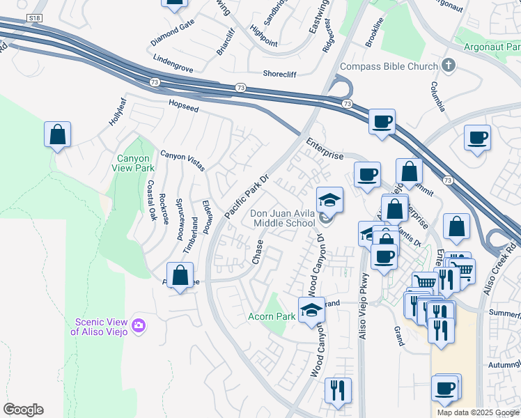 map of restaurants, bars, coffee shops, grocery stores, and more near 17 Breakers Lane in Aliso Viejo