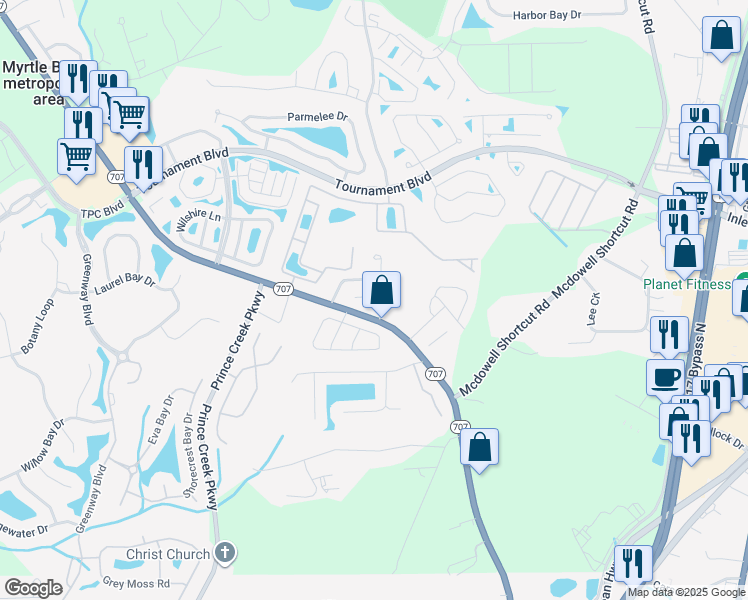 map of restaurants, bars, coffee shops, grocery stores, and more near 9649 Bradford Lane in Murrells Inlet