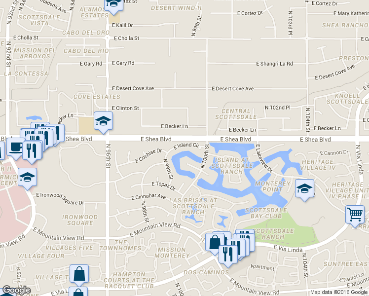 map of restaurants, bars, coffee shops, grocery stores, and more near 9944 East Island Circle in Scottsdale
