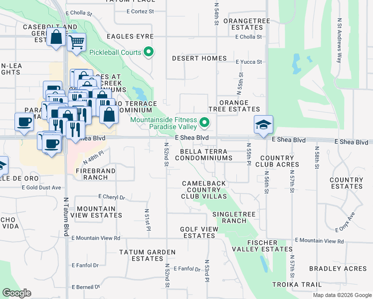 map of restaurants, bars, coffee shops, grocery stores, and more near 5249 East Shea Boulevard in Scottsdale