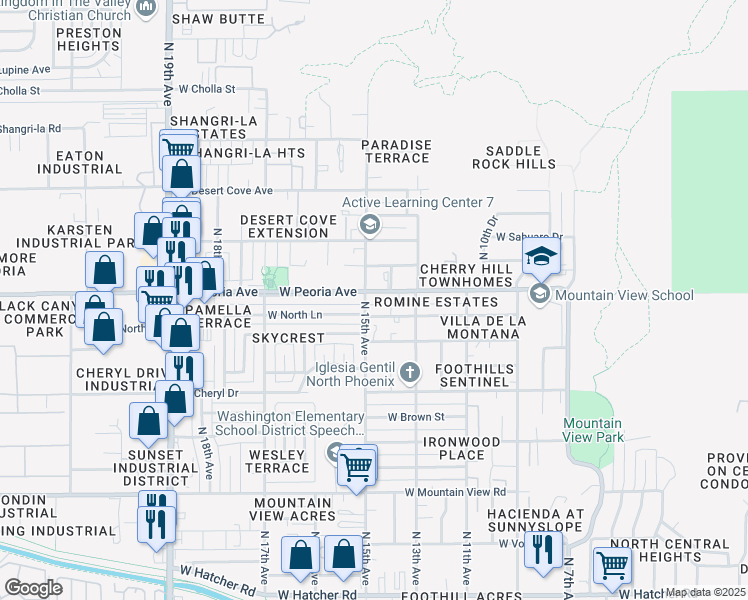 map of restaurants, bars, coffee shops, grocery stores, and more near 1421 West Peoria Avenue in Phoenix