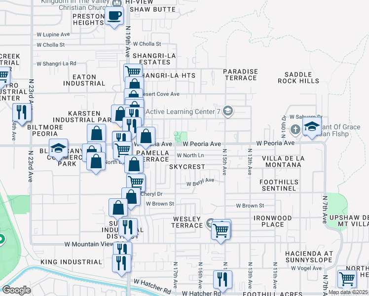 map of restaurants, bars, coffee shops, grocery stores, and more near 1625 West Peoria Avenue in Phoenix