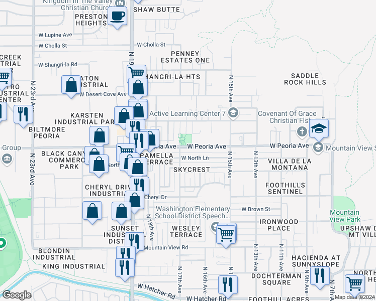 map of restaurants, bars, coffee shops, grocery stores, and more near 1625 West Peoria Avenue in Phoenix