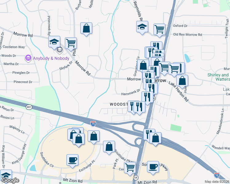 map of restaurants, bars, coffee shops, grocery stores, and more near 1360 Hammack Drive in Morrow