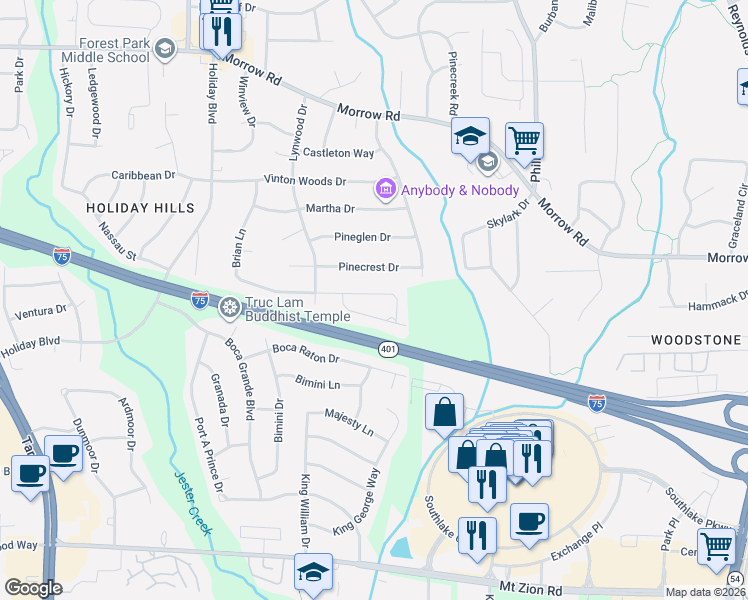 map of restaurants, bars, coffee shops, grocery stores, and more near 979 Brian Lane in Forest Park