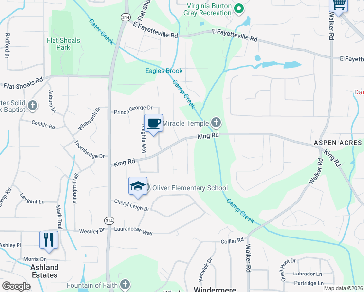 map of restaurants, bars, coffee shops, grocery stores, and more near 1614 King Rd in Riverdale