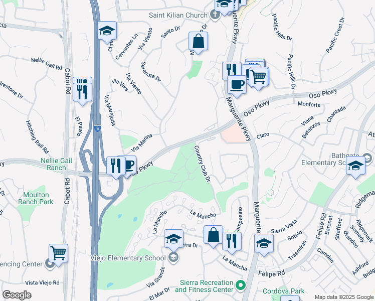 map of restaurants, bars, coffee shops, grocery stores, and more near 26151 Country Club Drive in Mission Viejo