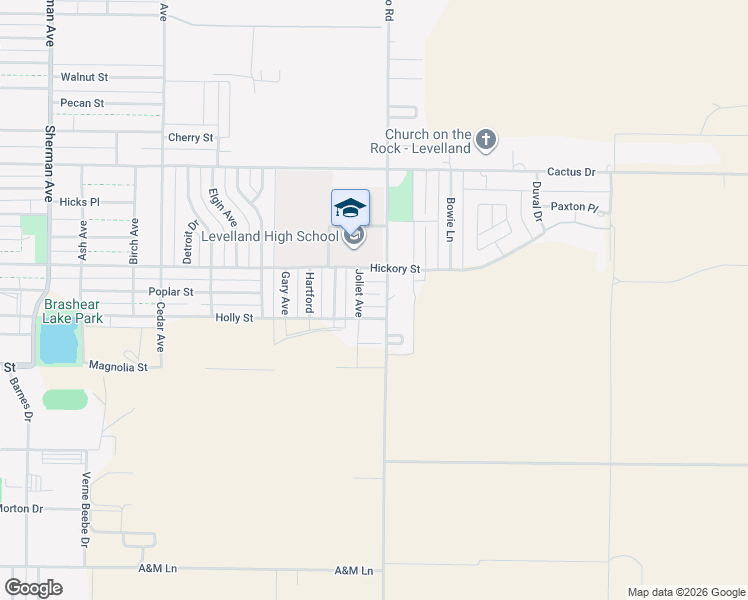 map of restaurants, bars, coffee shops, grocery stores, and more near 1106 Poplar Street in Levelland