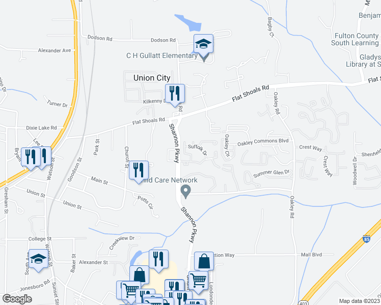 map of restaurants, bars, coffee shops, grocery stores, and more near 6354 Shannon Parkway in Union City
