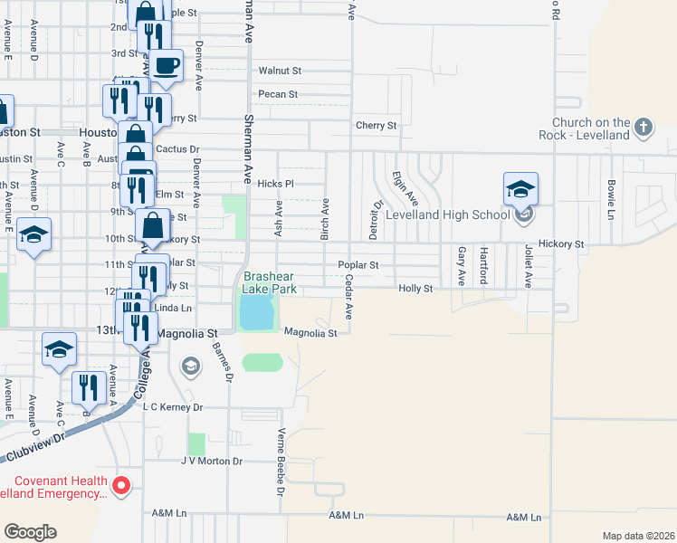 map of restaurants, bars, coffee shops, grocery stores, and more near 506 Poplar St in Levelland
