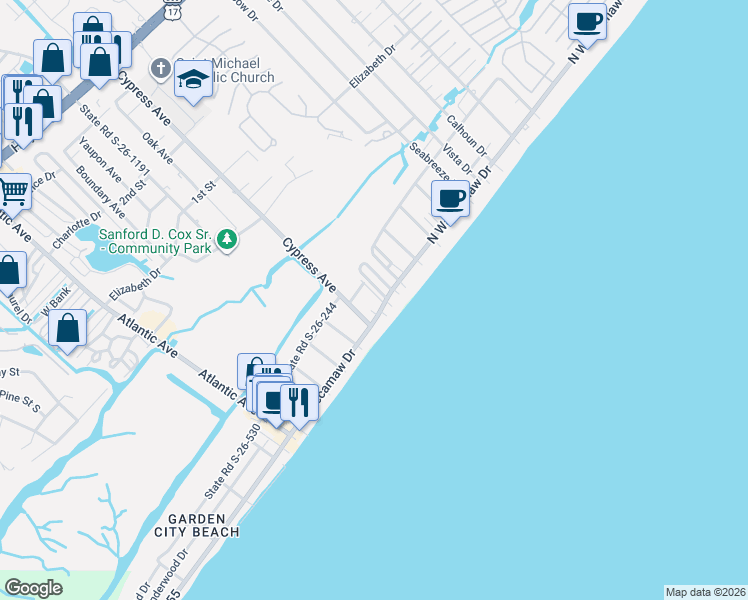 map of restaurants, bars, coffee shops, grocery stores, and more near 101 Easy Street in Murrells Inlet