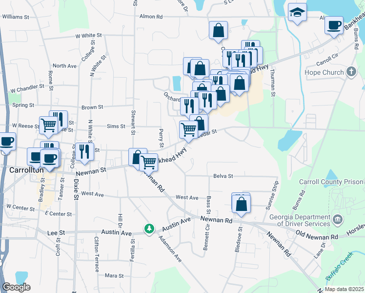 map of restaurants, bars, coffee shops, grocery stores, and more near 224 Bankhead Highway in Carrollton