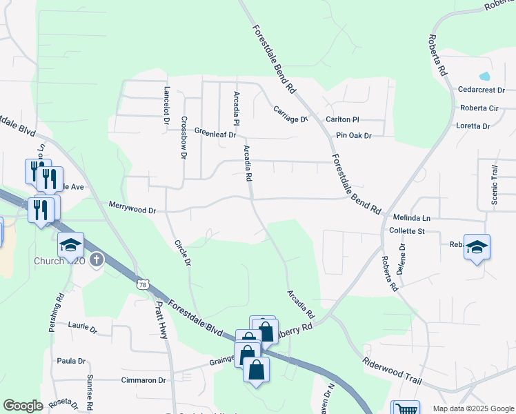 map of restaurants, bars, coffee shops, grocery stores, and more near 337 Merrywood Drive in Birmingham