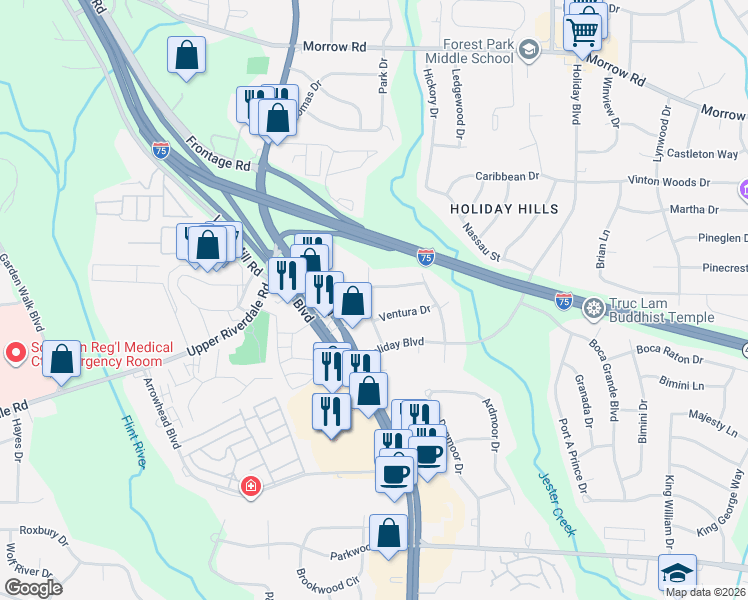 map of restaurants, bars, coffee shops, grocery stores, and more near 6346 Waikiki Way in Forest Park