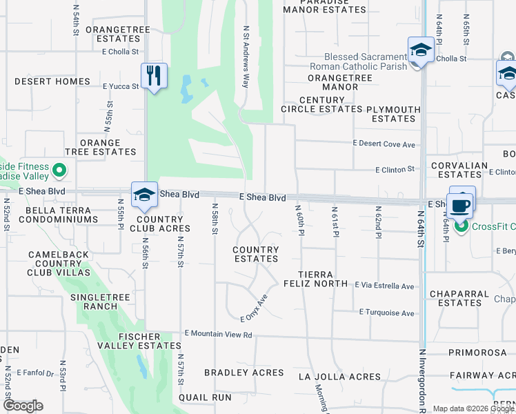 map of restaurants, bars, coffee shops, grocery stores, and more near 5929 East Shea Boulevard in Scottsdale
