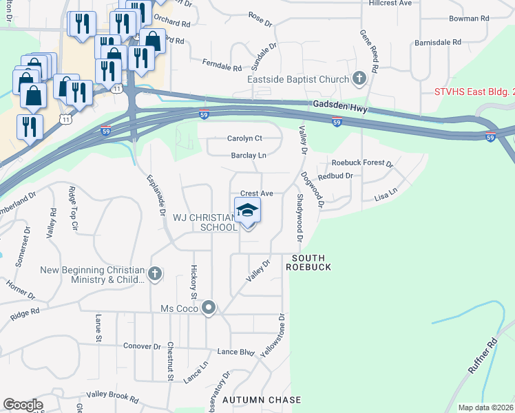 map of restaurants, bars, coffee shops, grocery stores, and more near 732 Walnut Avenue in Birmingham