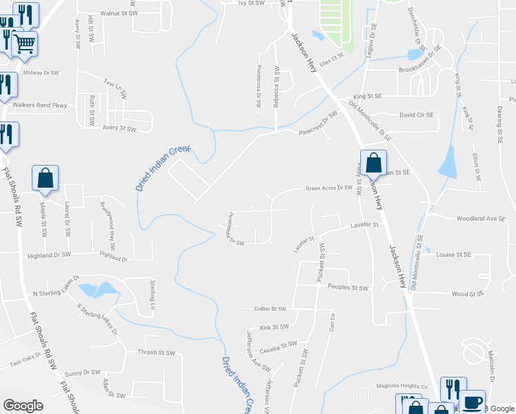 map of restaurants, bars, coffee shops, grocery stores, and more near 6122 Pineneedle Drive Southwest in Covington
