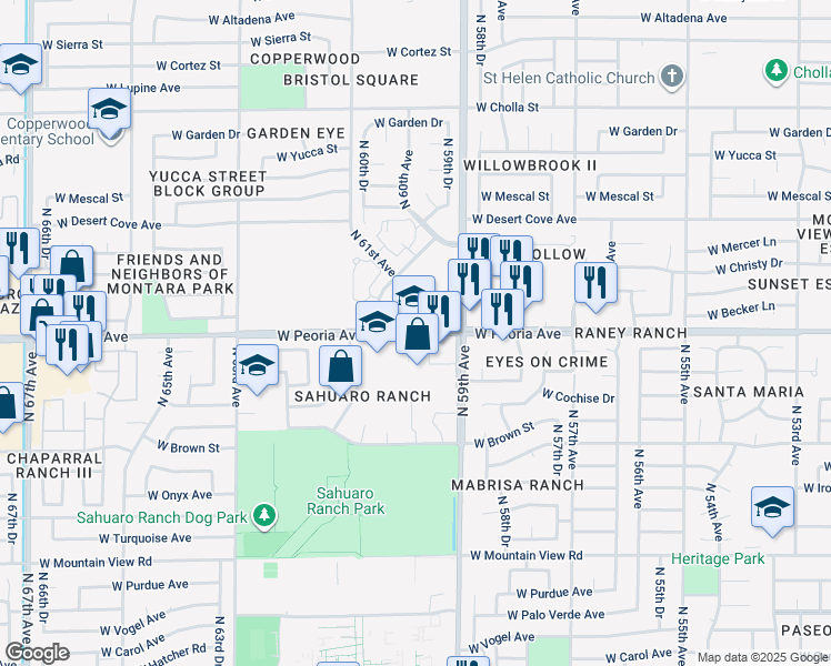 map of restaurants, bars, coffee shops, grocery stores, and more near in Glendale