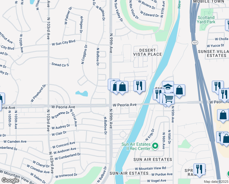 map of restaurants, bars, coffee shops, grocery stores, and more near 10689 North 99th Avenue in Peoria