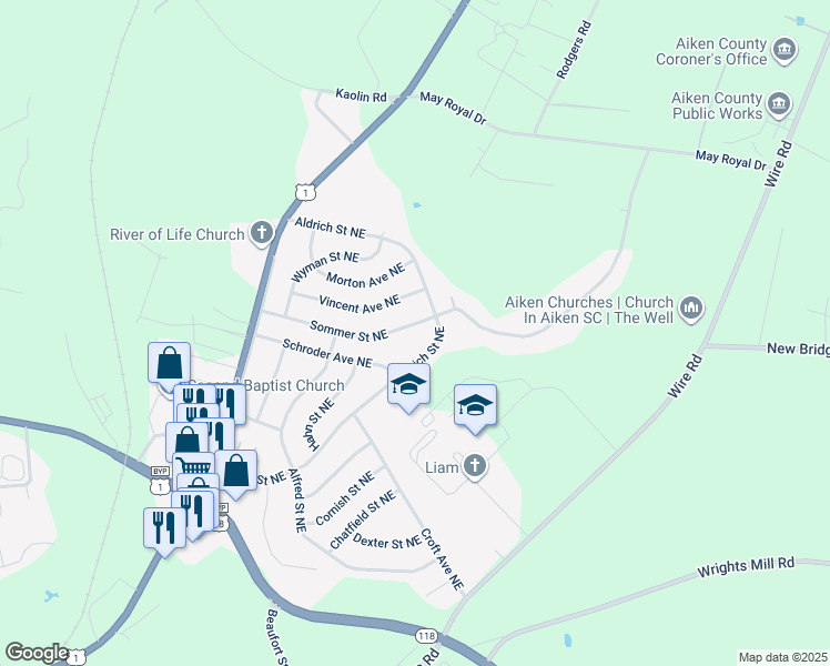 map of restaurants, bars, coffee shops, grocery stores, and more near 791 Sommer Street Northeast in Aiken