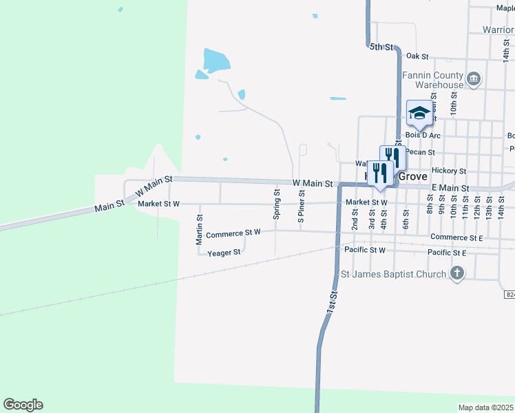 map of restaurants, bars, coffee shops, grocery stores, and more near 907 Market Street West in Honey Grove