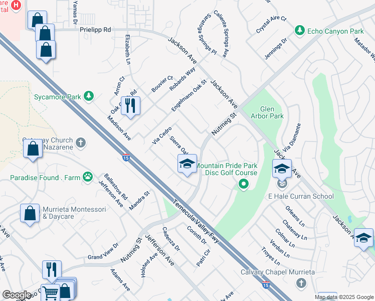 map of restaurants, bars, coffee shops, grocery stores, and more near 23736 Sierra Oak Drive in Murrieta
