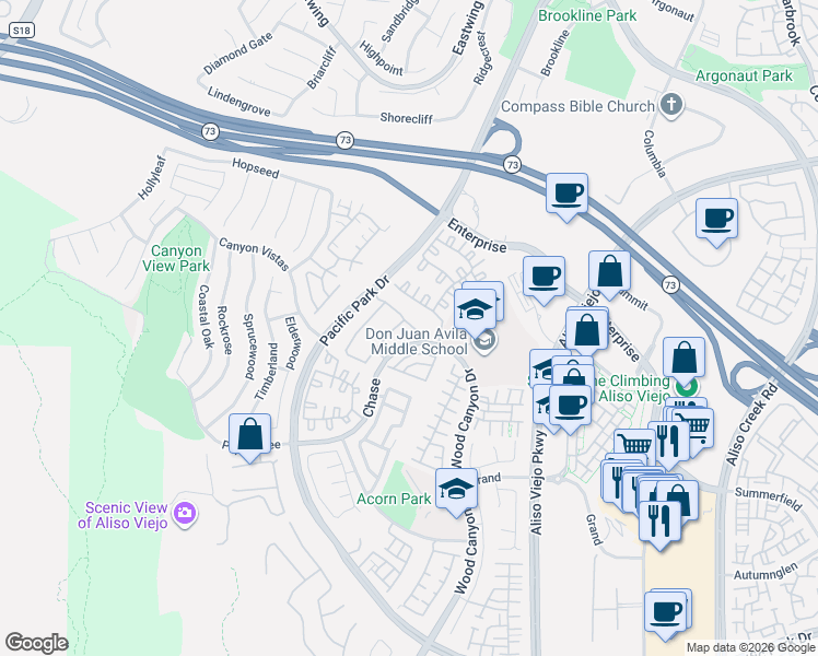 map of restaurants, bars, coffee shops, grocery stores, and more near 32 Carlsbad Lane in Aliso Viejo