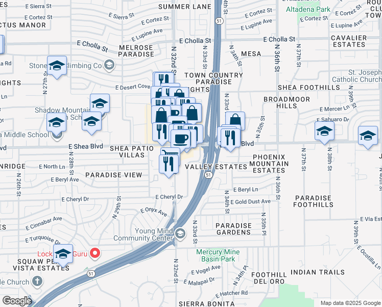 map of restaurants, bars, coffee shops, grocery stores, and more near 3222 East Shea Boulevard in Phoenix