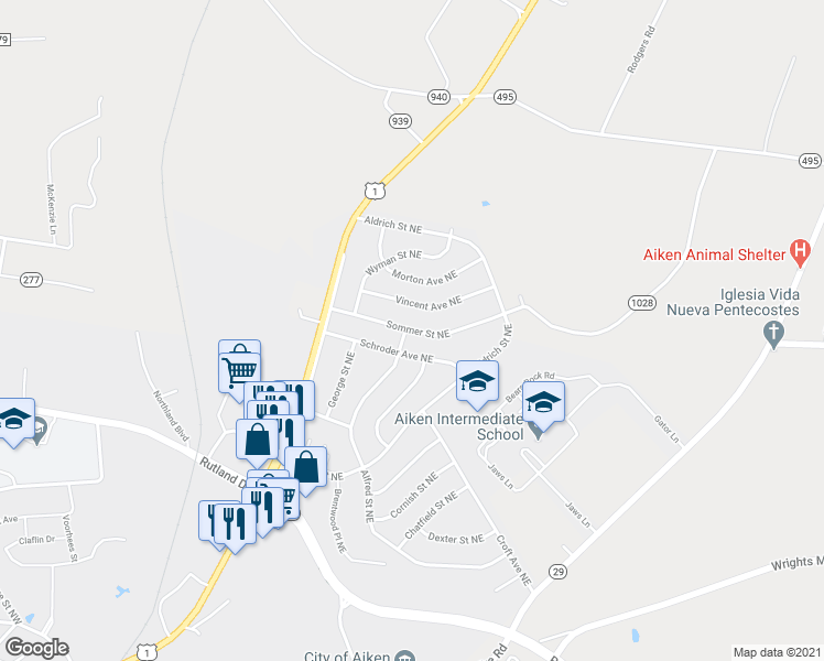 map of restaurants, bars, coffee shops, grocery stores, and more near 715 Sommer Street Northeast in Aiken