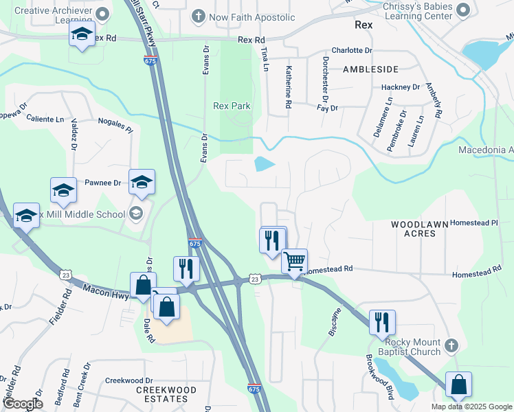 map of restaurants, bars, coffee shops, grocery stores, and more near 6275 Ellenwood Drive in Rex