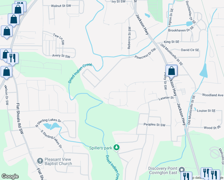 map of restaurants, bars, coffee shops, grocery stores, and more near 7104 Pineneedle Drive Southwest in Covington