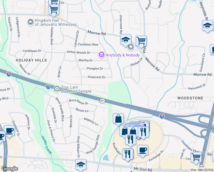 map of restaurants, bars, coffee shops, grocery stores, and more near 1036 Brian Lane in Forest Park