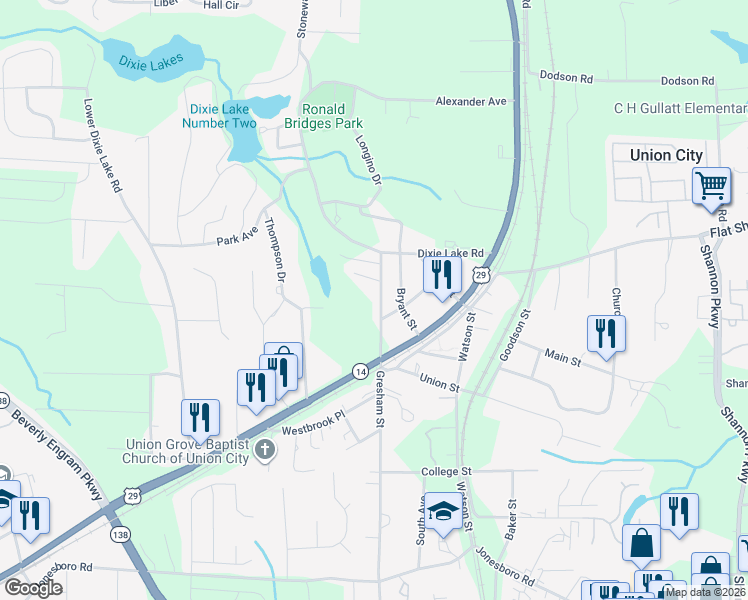 map of restaurants, bars, coffee shops, grocery stores, and more near 6369 Gresham Street in Union City