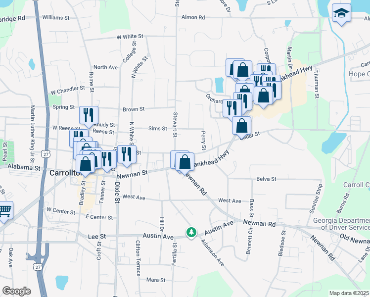 map of restaurants, bars, coffee shops, grocery stores, and more near 516 Cedar Street in Carrollton