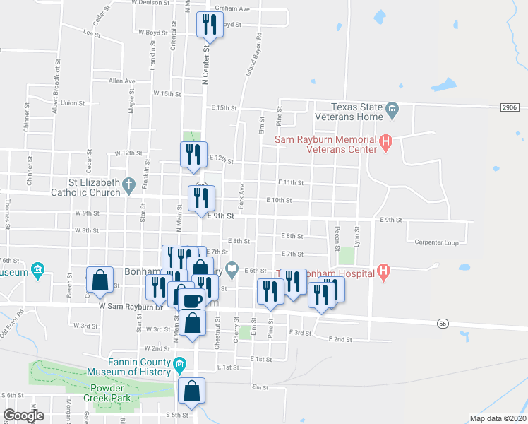 map of restaurants, bars, coffee shops, grocery stores, and more near 511 E 9th St in Bonham