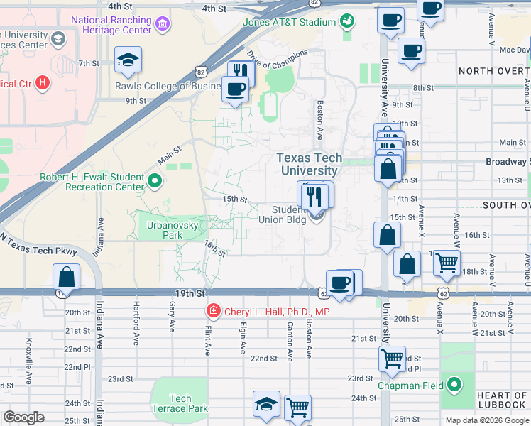 map of restaurants, bars, coffee shops, grocery stores, and more near in Lubbock