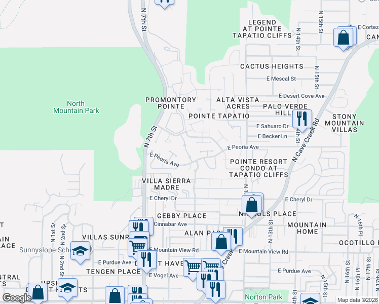 map of restaurants, bars, coffee shops, grocery stores, and more near 10606 North 9th Street in Phoenix