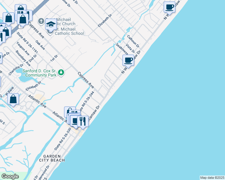 map of restaurants, bars, coffee shops, grocery stores, and more near 101 Easy Street in Murrells Inlet